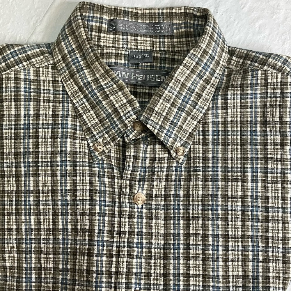 Van Heusen Mens Olive Green Plaid Button Dn Long Slv Shirt Size‎ 15"Neck 31" Slv